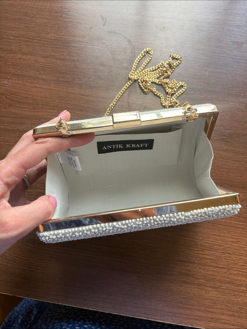 Pearl Beaded Clutch with ‘Mrs’ Metallic Script and Gold Chain - Picture 3 of 7